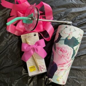 Stainless Steel Travel Tumbler Floral painted with Metal Straw and inside.